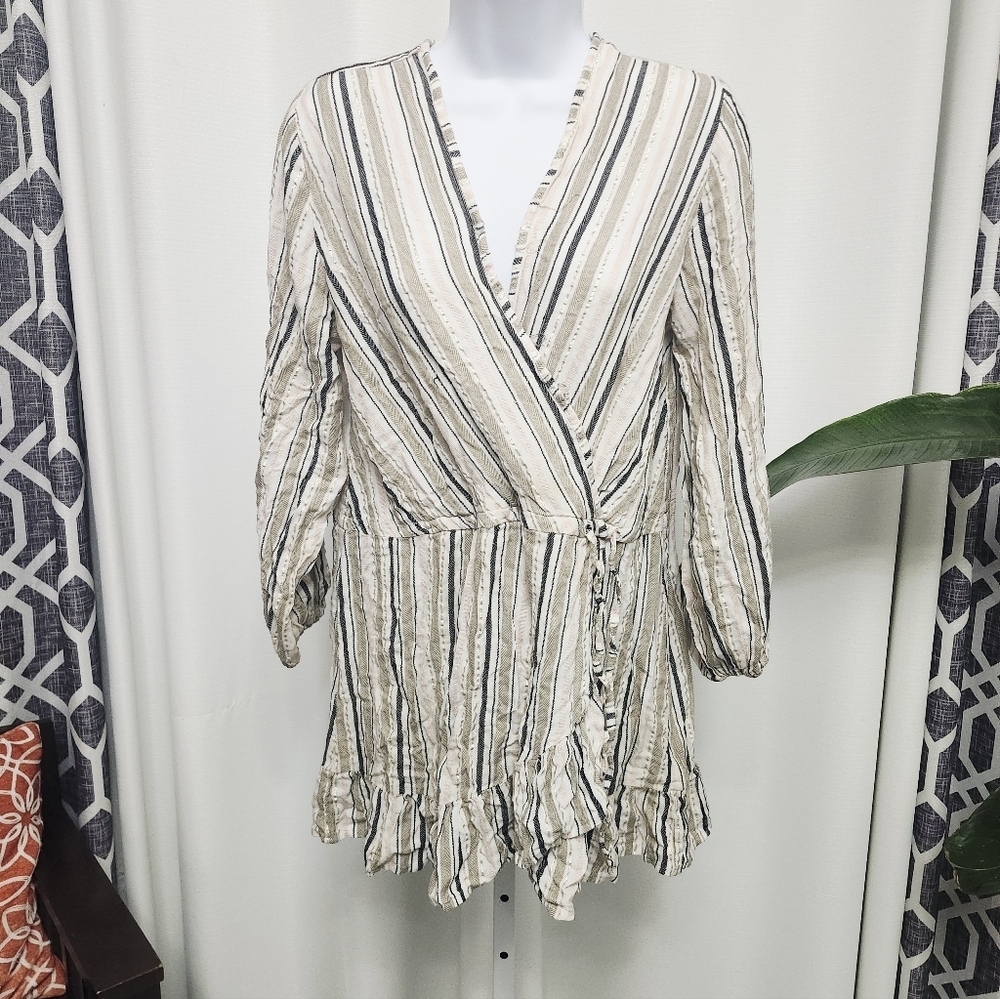 Blue Island Beige and Black Striped Wrap Blouse/ Short Dress
